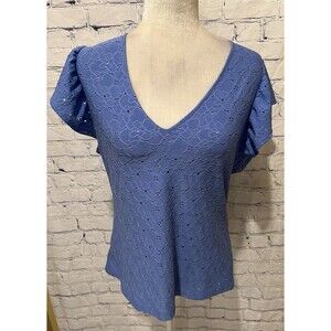 Michael Kors Eyelet Lace Ruffle Short Sleeve Blue Women V Neck Floral Medium